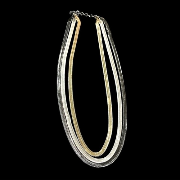 Herringbone 3 Strand Tricolor Gold Silver and Black Chain Necklace Layered - Picture 2 of 10